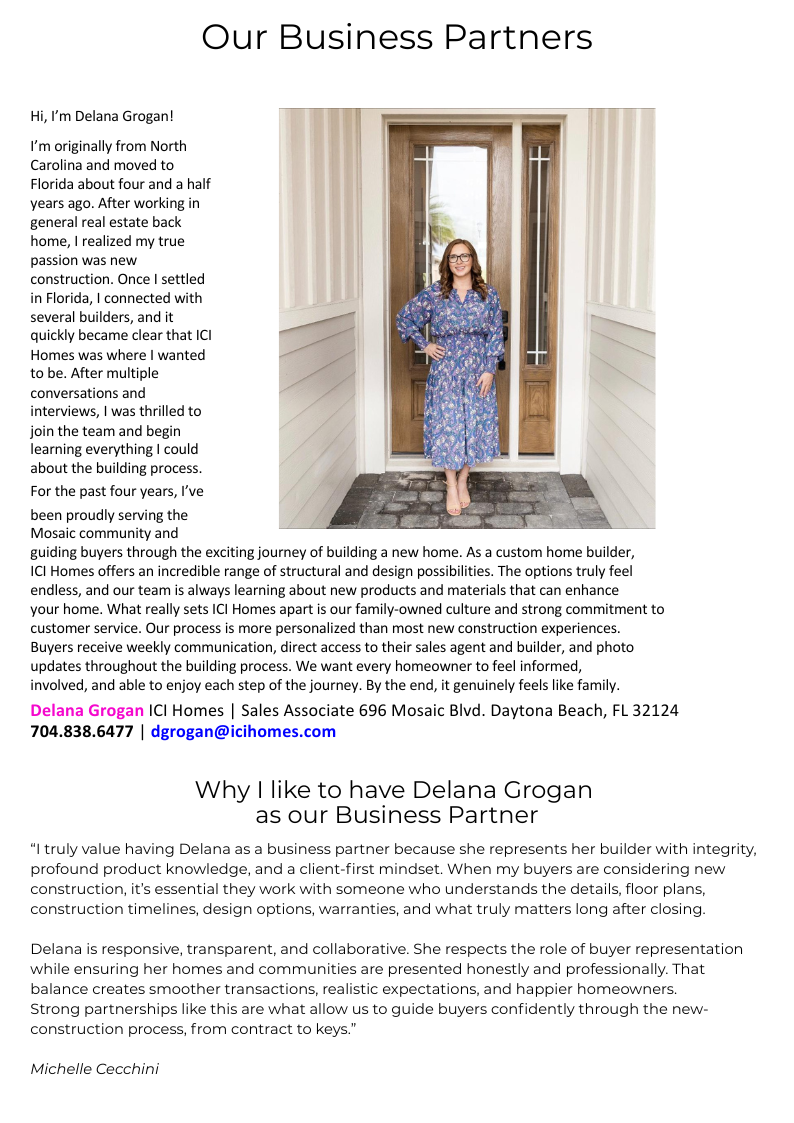 Profile of Delana Grogan, a sales associate at ICI Homes, standing at the entrance of a home, wearing a blue floral dress, with text describing her background and partnership with the company.