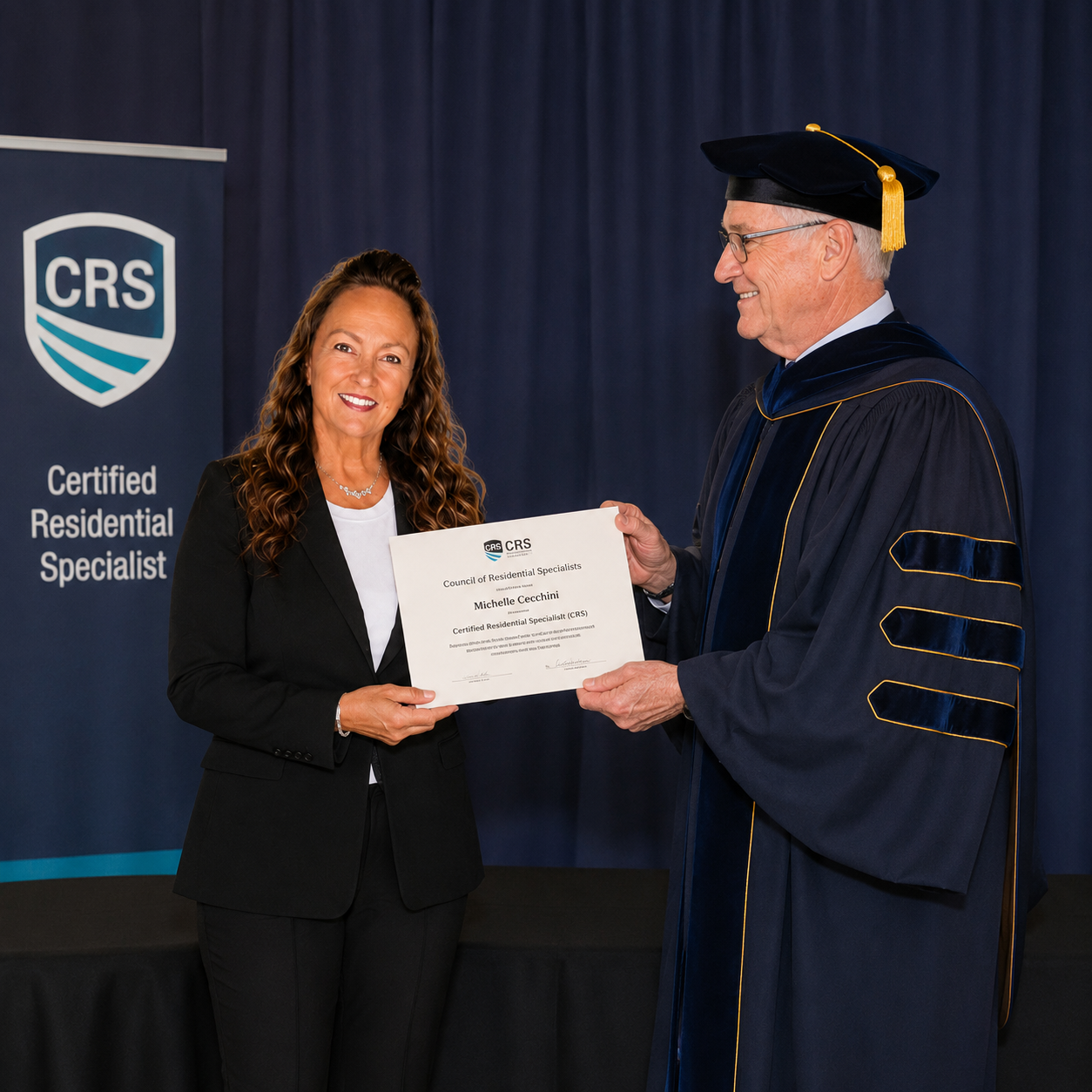 A woman in a black suit receiving a certificate from a man in academic regalia at a graduation ceremony, with a CRS banner in the background.