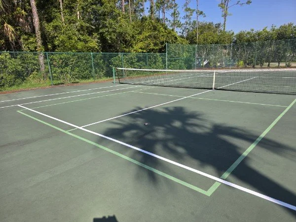 Empty outdoor tennis court with green surface, white boundary lines, a net in the middle, surrounded by trees and a fence, under a clear blue sky.