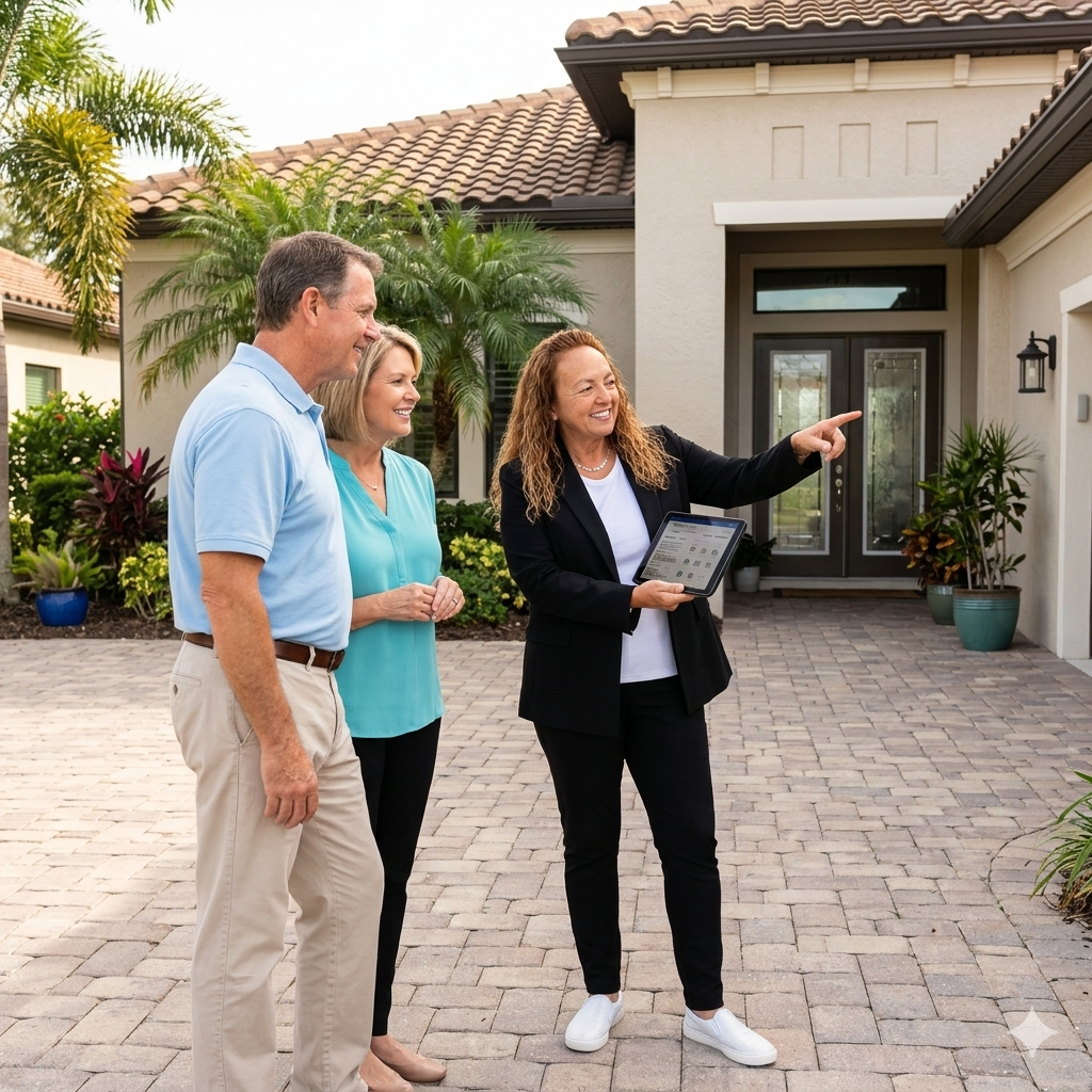 A woman dressed in a black suit holding a tablet and pointing to a house outside, with a man and a woman smiling next to her.