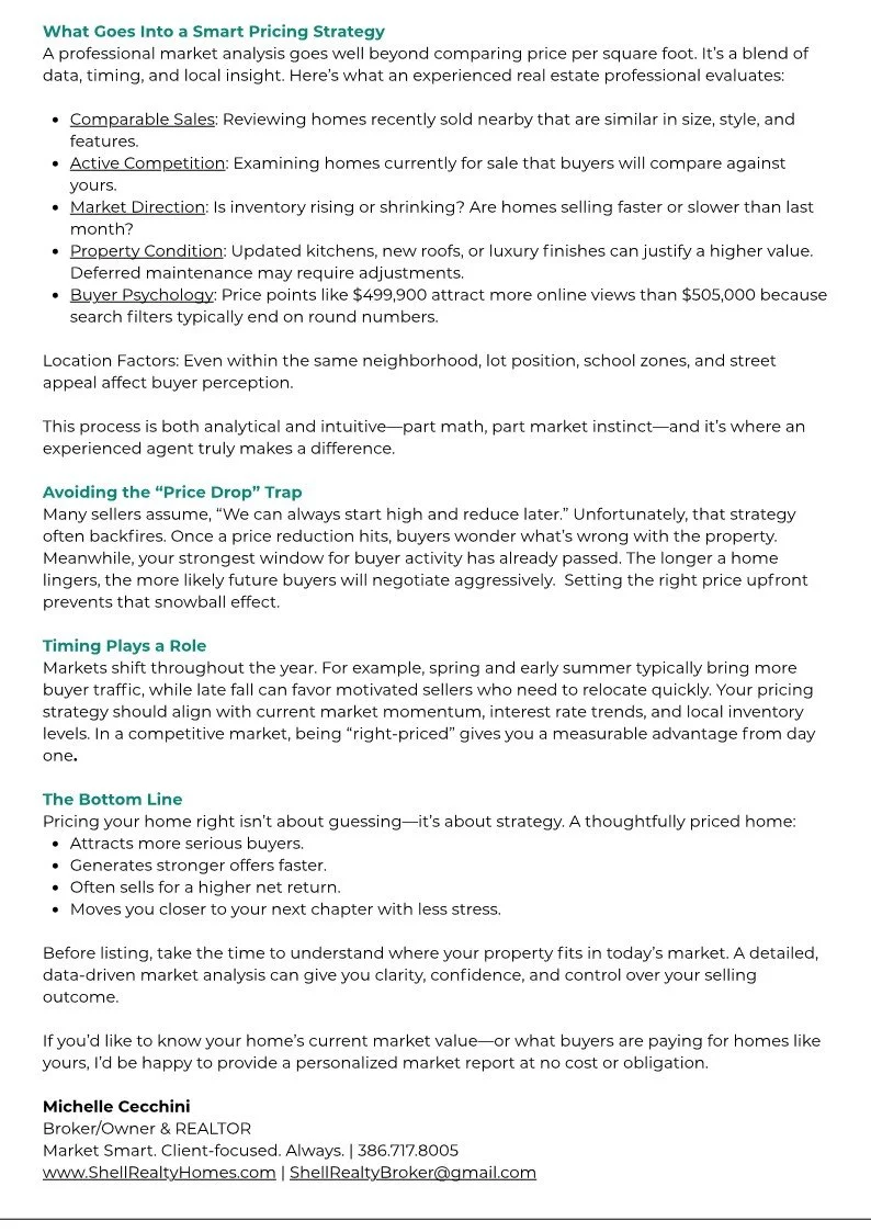 Text-based article discussing smart pricing strategies for real estate, covering comparable sales, active competition, market direction, property condition, buyer psychology, avoiding price drop trap, timing, the bottom line, and offering a market report. Contact information for a real estate professional at the bottom.
