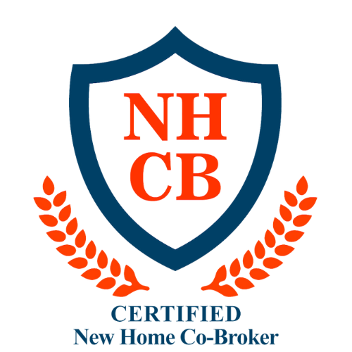 A logo with a shield, the letters NH CB in red inside the shield, and orange laurel branches below. Text reading "CERTIFIED" and "New Home Co-Broker" below the shield.