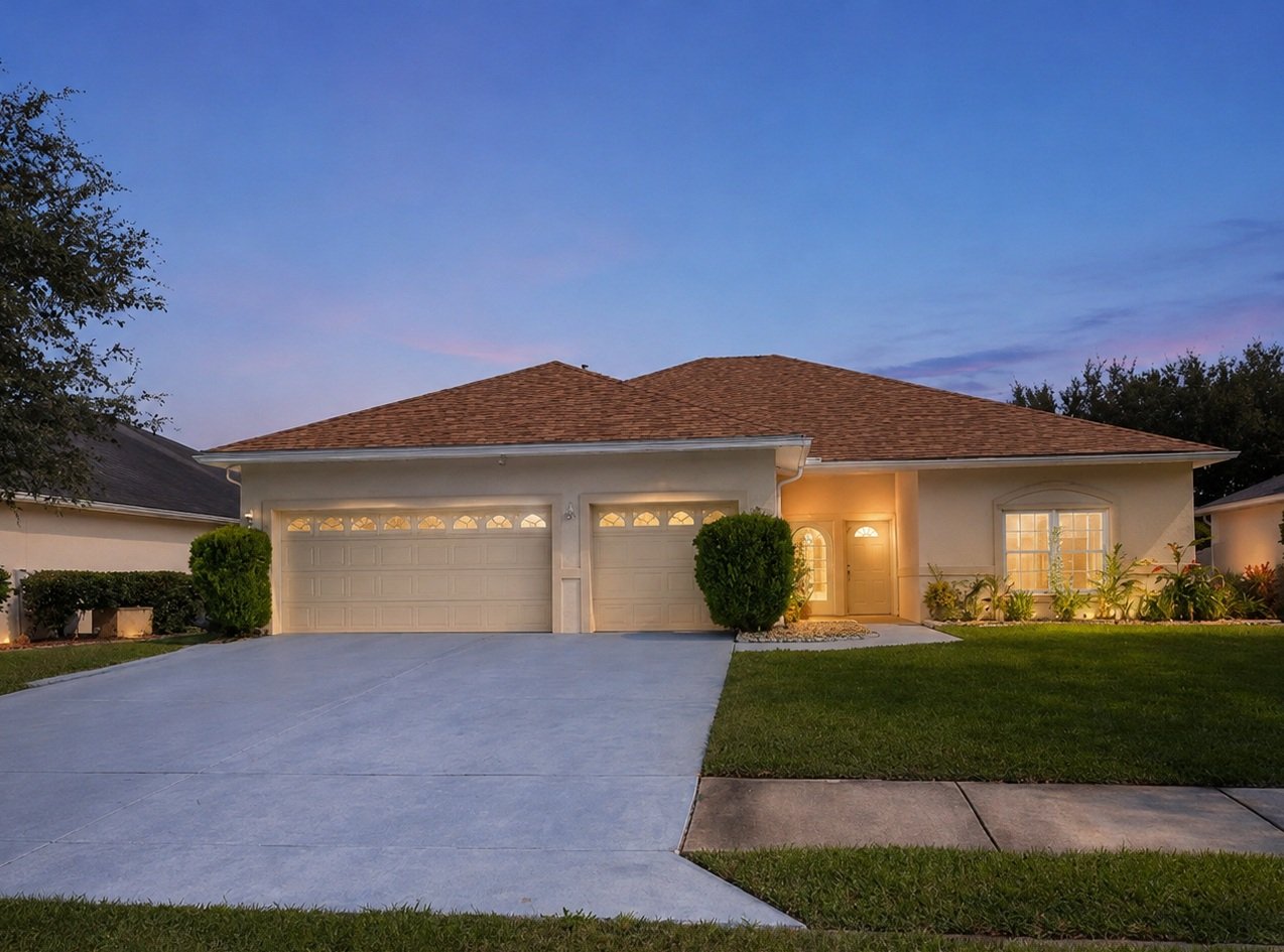 A house with a three-car garage, white exterior, and a brown shingle roof, illuminated by exterior lighting at dusk, surrounded by a well-maintained lawn and shrubbery.