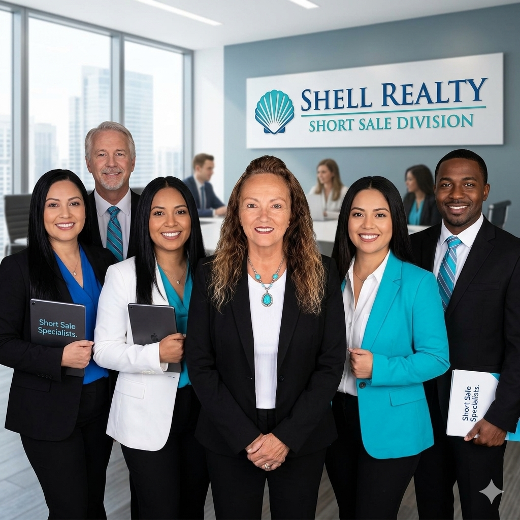 Group of six real estate professionals standing in an office, smiling at camera, with Shell Realty sign and large windows in background.
