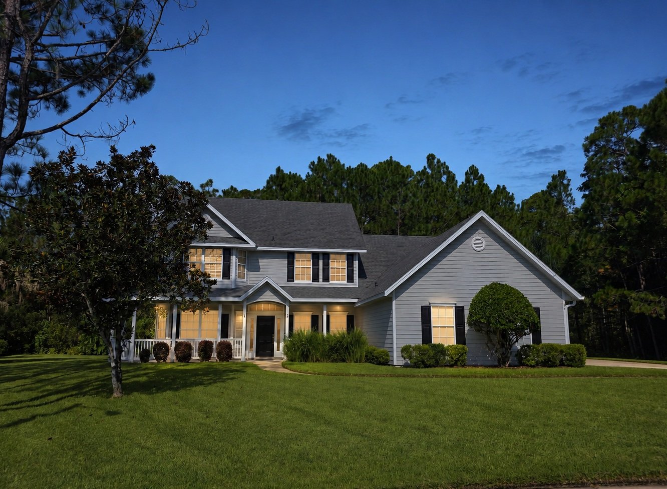 A two-story house with gray siding and black shutters, surrounded by a green lawn and trees at dusk, with lights visible in the windows.