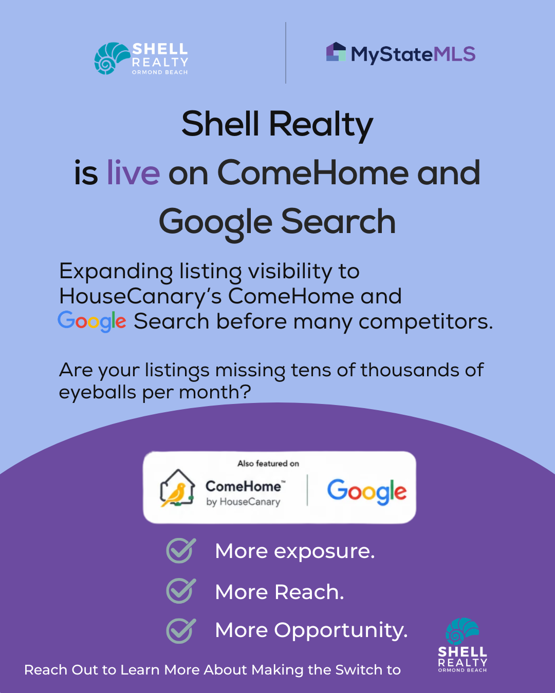 A promotional graphic from Shell Realty and MyStateMLS with the headline "Shell Realty is live on ComeHome and Google Search." It highlights expanding listing visibility on ComeHome by HouseCanary and Google, emphasizing benefits like more exposure, reach, and opportunity, with logos of Shell Realty, MyStateMLS, ComeHome, and Google.