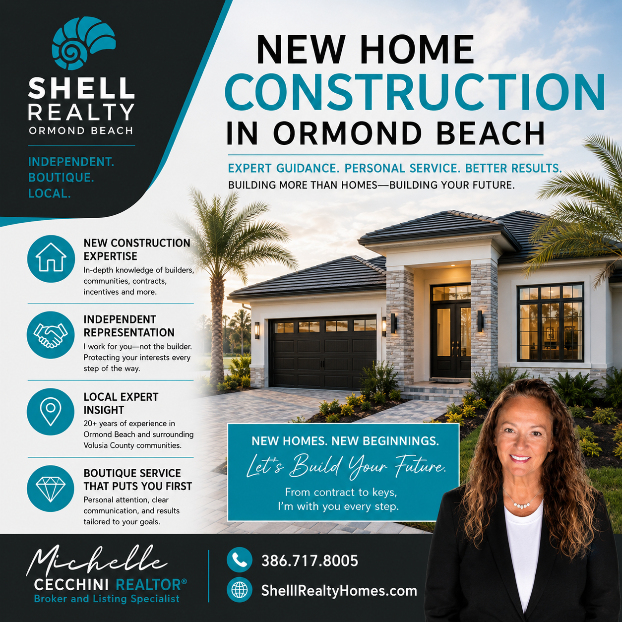 Advertisement for Shell Realty promoting new home construction in Ormond Beach. Features a modern house, a woman smiling, and text emphasizing expertise, personal service, and local knowledge.