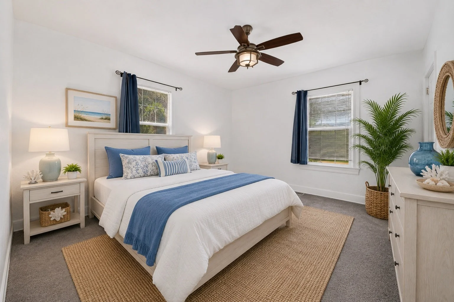 Cozy beach-themed bedroom with white walls, blue curtains, and a white bed with blue and patterned pillows, nightstands with lamps, and a large green plant in a wicker basket.