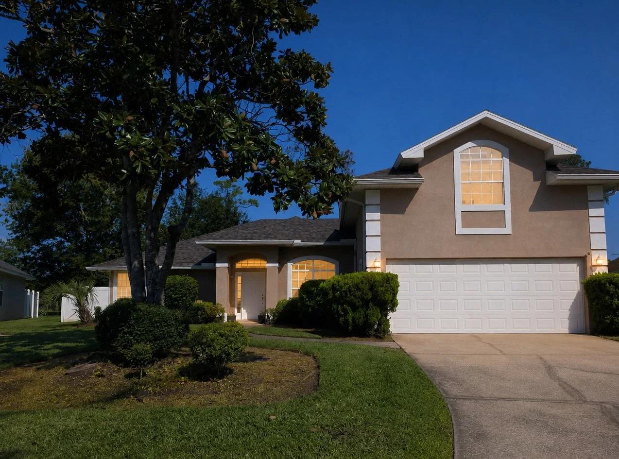 A two-story suburban house with a beige exterior, white trim, and a white garage door. There are illuminated exterior lights, a paved driveway, a prominent front garden with bushes and trees, and a clear blue sky.