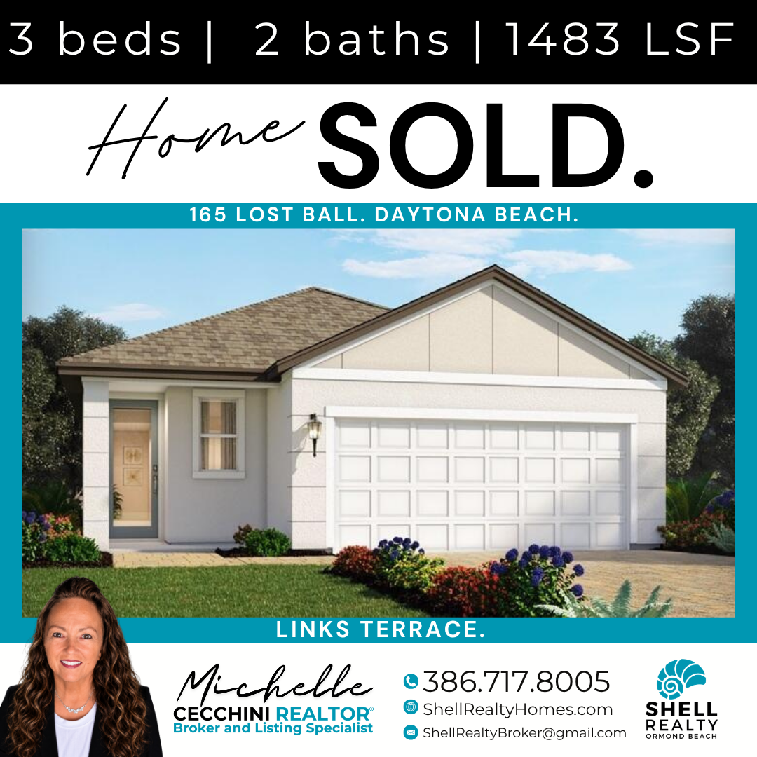 Real estate listing for a three-bedroom, two-bath, 1483 square foot home at 165 Lost Ball, Daytona Beach, marked as sold. The photo features a single-story house with a pitched roof, white exterior walls, a white garage door, a front door, and garden
