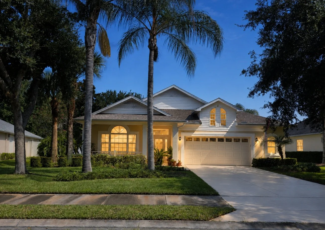 A well-lit suburban house at dusk with a landscaped front yard, driveway, and palm trees.