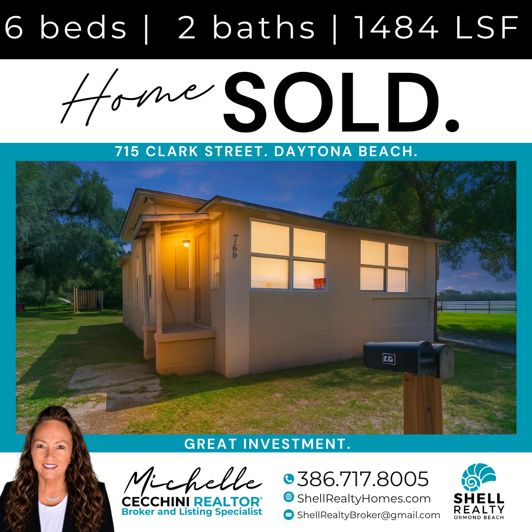 Real estate listing for a house at 715 Clark Street, Daytona Beach, sold, with 6 bedrooms, 2 bathrooms, and 1,484 square feet of living space. The house has a front porch with a light on, large windows, and is surrounded by a yard with trees. Contact