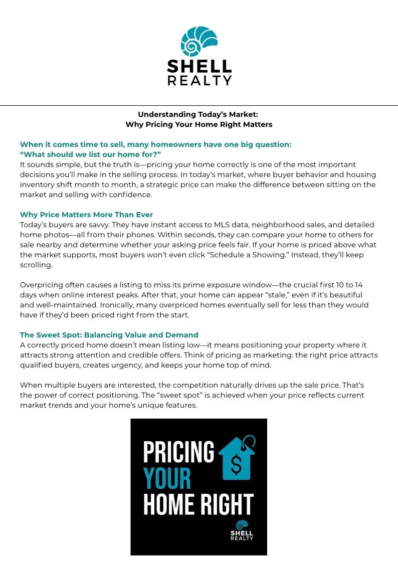 A Shell Realty marketing flyer discussing home pricing strategies, including sections on the importance of correct pricing, price competition, and balancing value and demand, featuring Shell Realty logo and a 'Pricing Your Home Right' graphic.