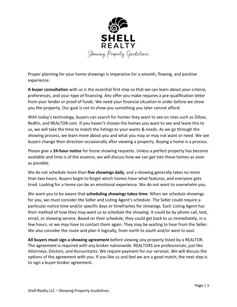 Document titled 'Showing Property Guidelines' from Shell Realty LLC, outlining real estate showing procedures, scheduling, and buyer agreement policies.