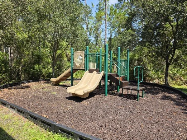 Playground with beige double slide, ladder, and green safety rails in a park surrounded by trees and grass.