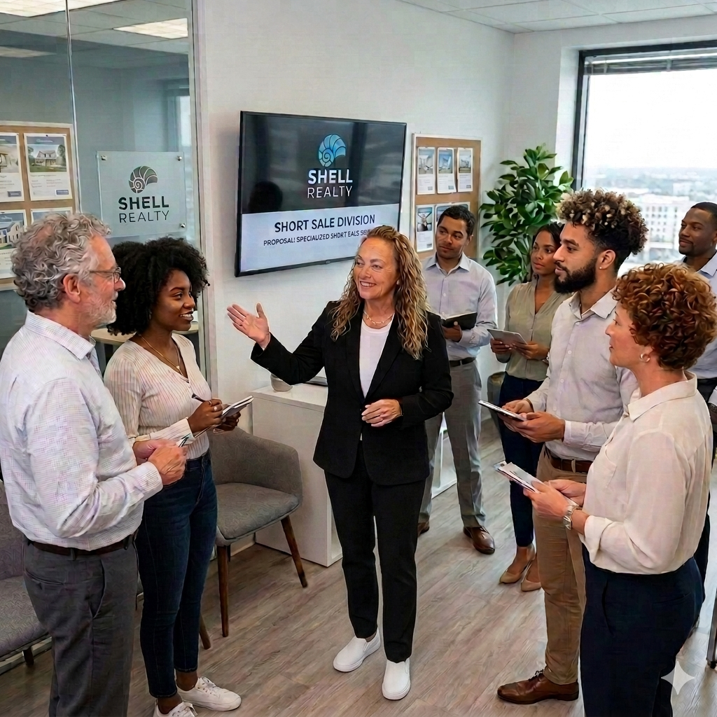 A woman in a black suit leading a discussion with a diverse group of professionals in an office, with a Shell Realty sign and a city view in the background.