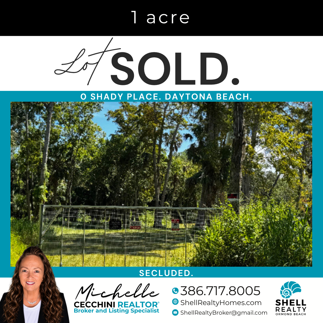 Real estate sign showing the property has been sold, located at a secluded, shady spot near Daytona Beach, with a photo of a fenced wooded area and a phone number for Michelle Cecchini, a realtor.