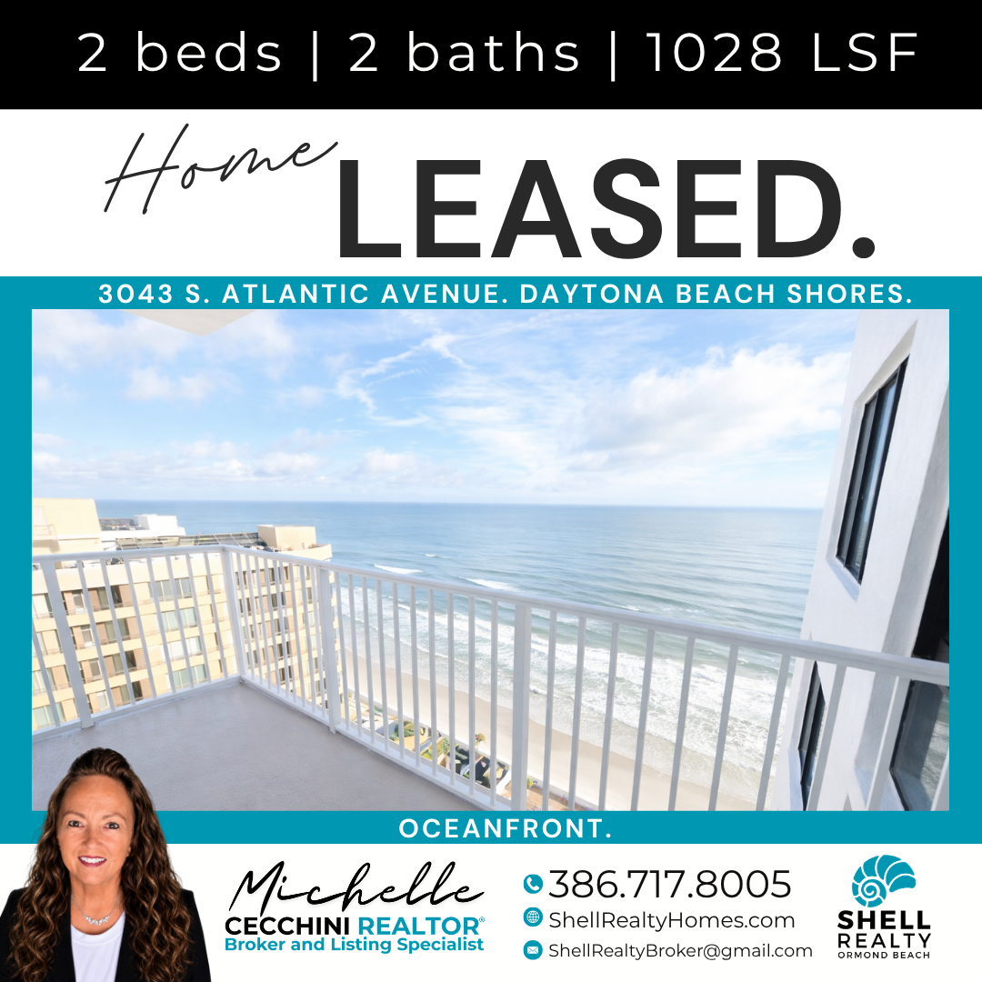 Real estate listing for a leased beachfront home with 2 bedrooms and 2 baths, overlooking the ocean from a balcony, with contact information for Michelle Cecchini, a realtor.