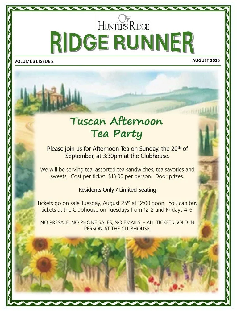 Flyer for Tuscan Afternoon Tea Party at Hunter's Ridge, scheduled for Sunday, September 20th at 3:30 pm at the Clubhouse, featuring tea, tea sandwiches, and sweets, with tickets on sale August 25th for $13 each, limited to residents only.