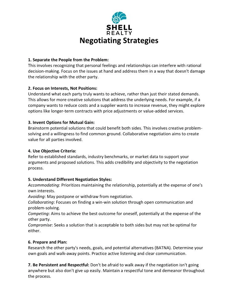 A document titled 'Negotiating Strategies' by Shell Realty listing seven negotiation tips: 1. Separate the People from the Problem, 2. Focus on Interests, Not Positions, 3. Invent Options for Mutual Gain, 4. Use Objective Criteria, 5. Understand Different Negotiation Styles, 6. Prepare and Plan, 7. Be Persistent and Respectful.
