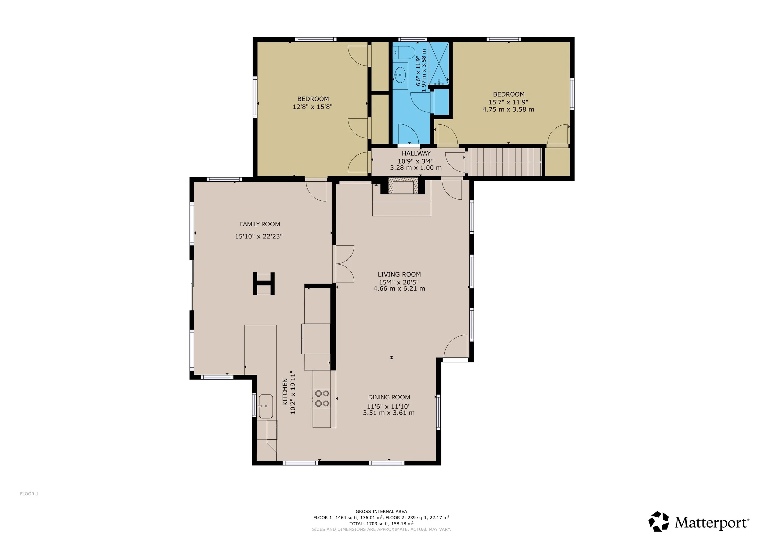 Floor plan of a house showing rooms including bedrooms, bathrooms, living room, family room, kitchen, and dining room with measurements.