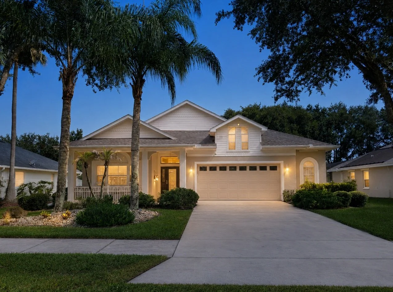 A house with palm trees in the front yard, illuminated by exterior lights at dusk, with a concrete driveway leading to a garage.