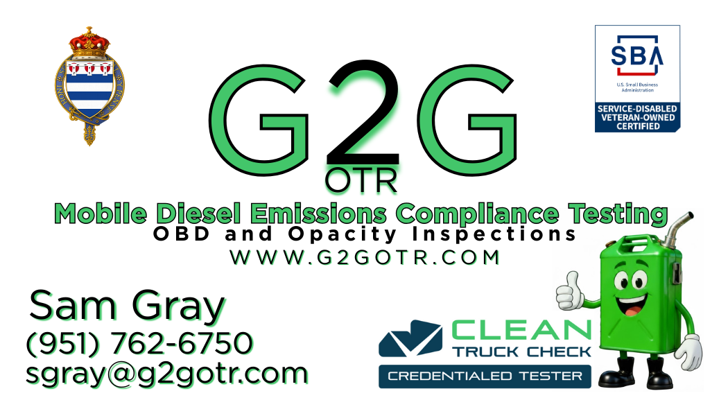 Business card for G2G OTR, a Mobile Diesel Emissions Compliance Testing company. Contains logos, contact information, website, and a cartoon green diesel fuel tank giving a thumbs up.