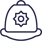 Line art icon of a police helmet.