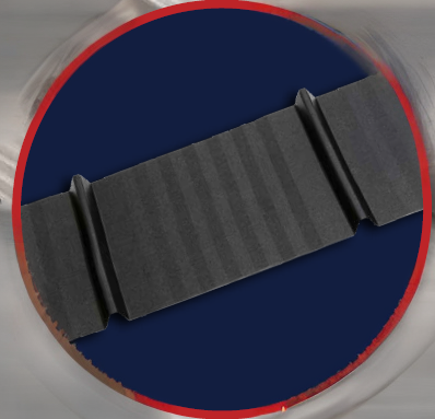 A black camera strap with a textured surface, laid on a dark blue background within a circular frame.