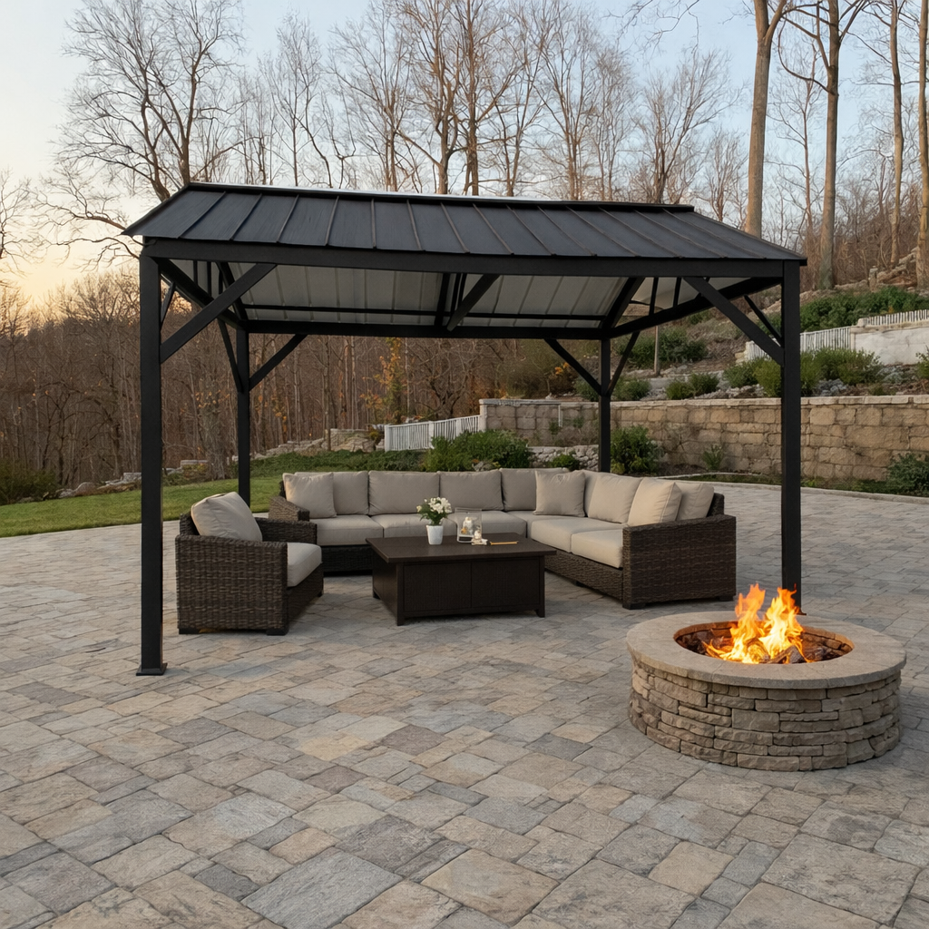 Outdoor patio with a wicker sectional sofa with beige cushions under a black metal gazebo, a coffee table with a potted plant on it, and a fire pit with a small flame, on a stone-tiled surface with a landscaped yard and trees in the background.