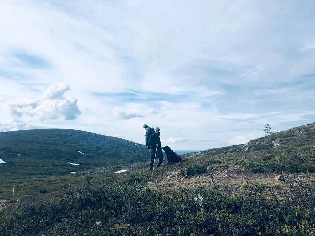 Kaksi vaelluksen harrastajaa kiipeilevät mäkeä metsäisellä alueella pilvisellä säällä.