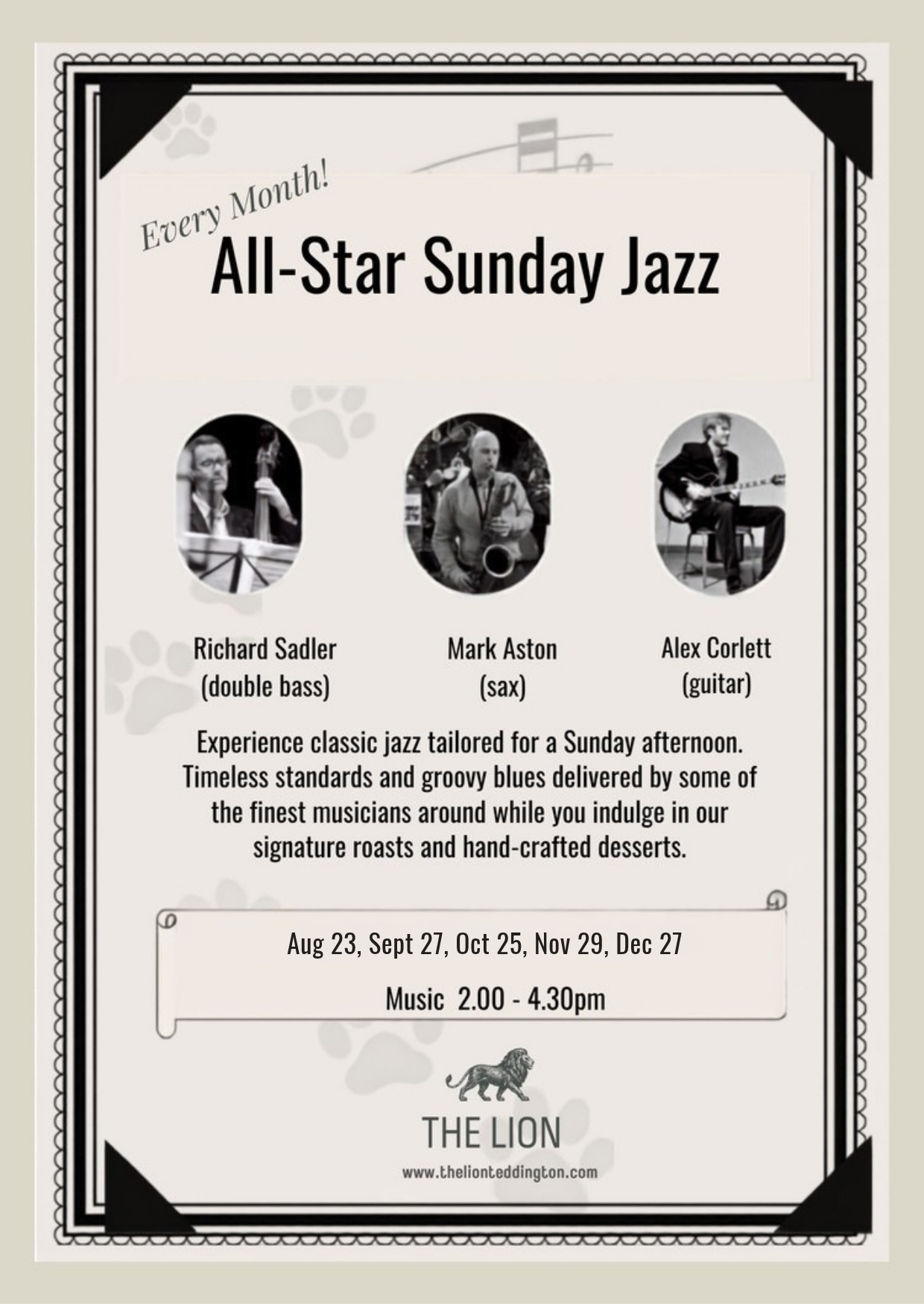 Invitation poster for a jazz event on the last Sunday of each month at The Lion, featuring a black and white design with jazz musicians, musical notes, and paw prints, scheduled for Sunday, March 29th from 3:00 to 5:00 pm.