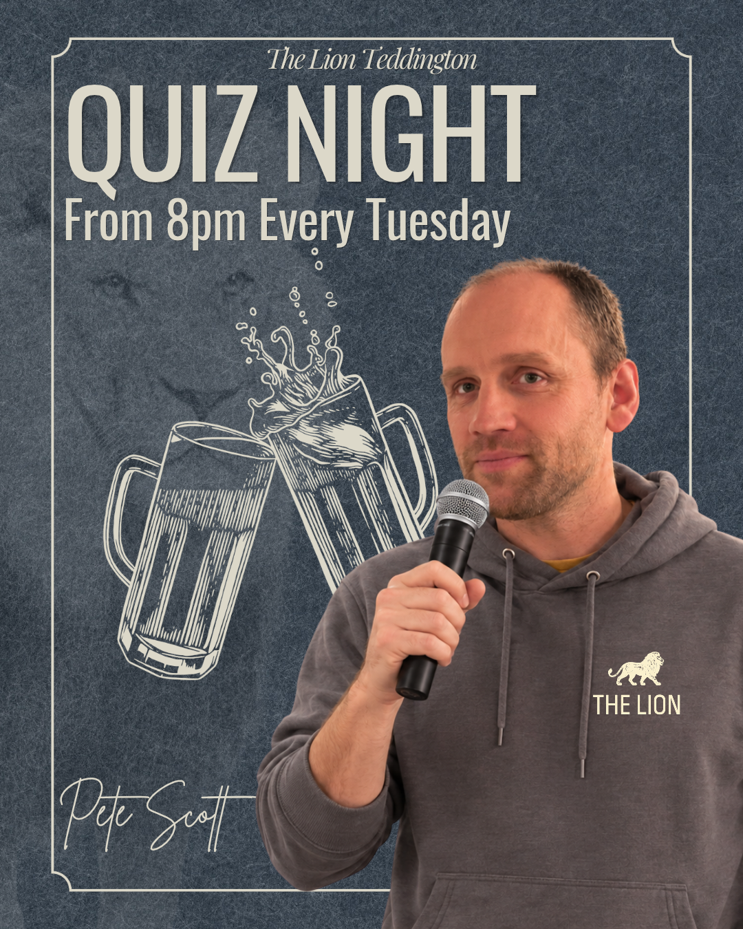 Promotional poster for a community quiz night at The Lion in Teddington, featuring images of people participating in the quiz, with event details stating it happens every Tuesday from 8:00 PM to 9:30 PM, hosted by community quiz organizers, with a fee of 3 pounds per person.
