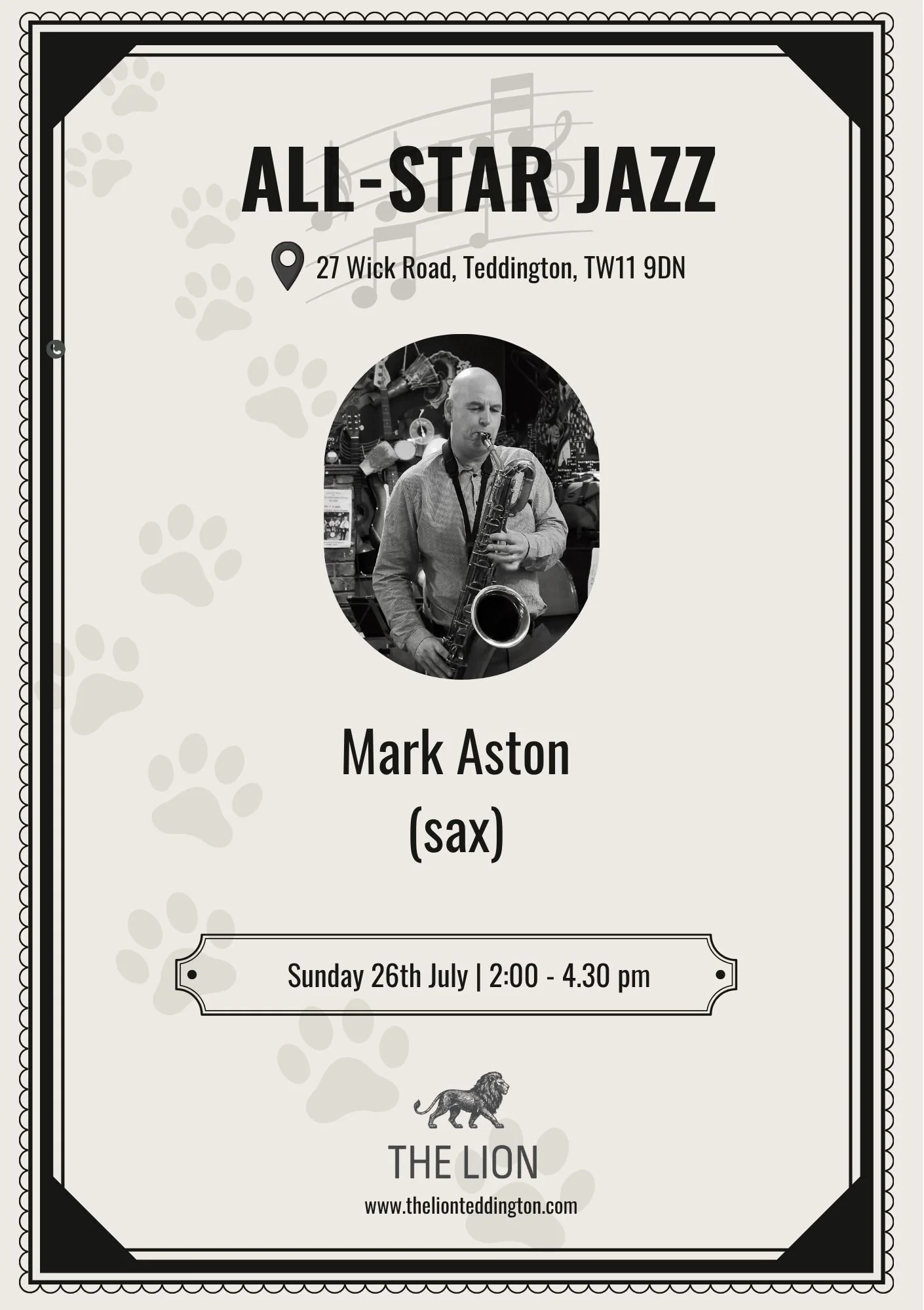 Invitation poster for a jazz event on the last Sunday of each month at The Lion, featuring a black and white design with jazz musicians, musical notes, and paw prints, scheduled for Sunday, March 29th from 3:00 to 5:00 pm.