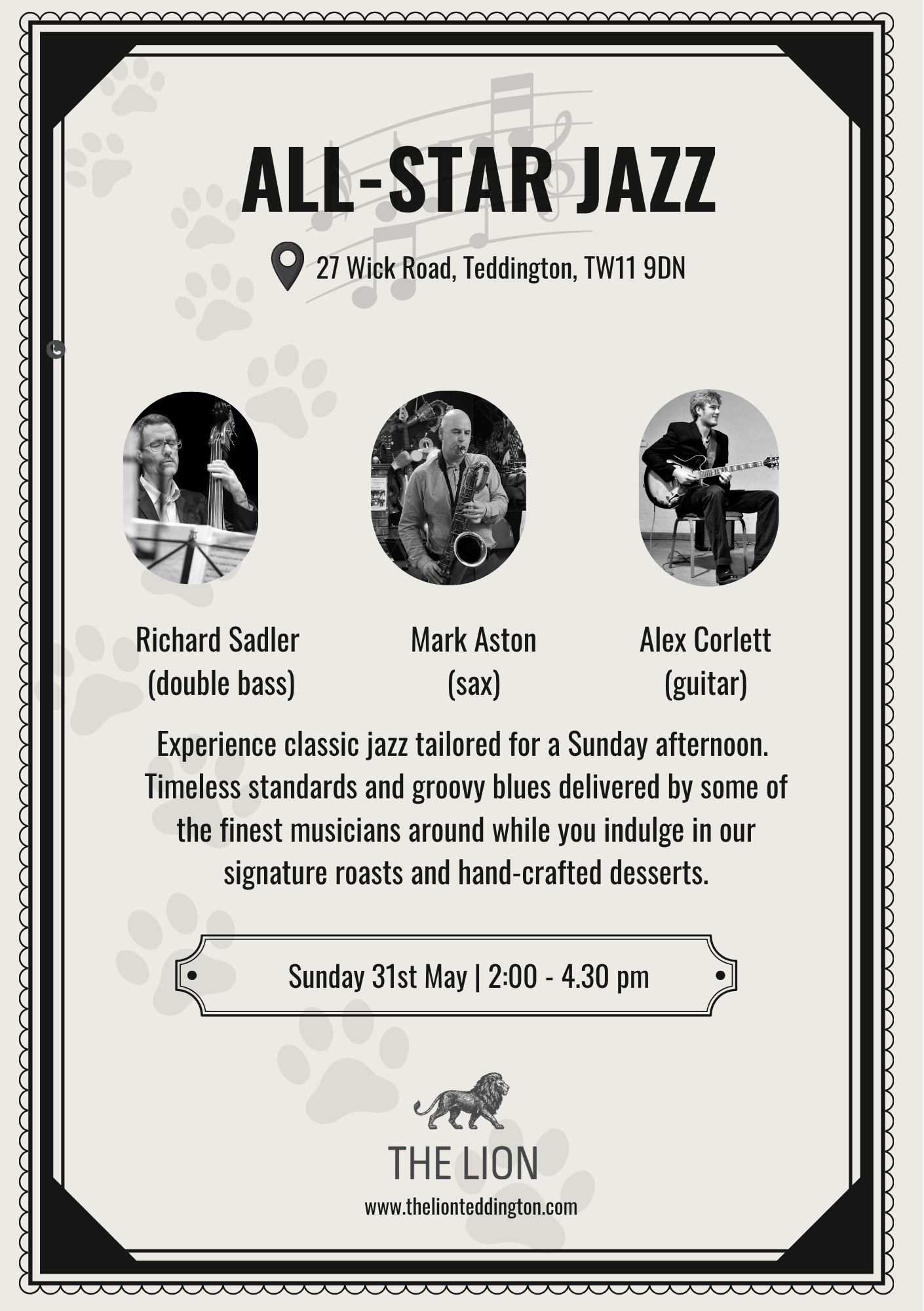 Invitation poster for a jazz event on the last Sunday of each month at The Lion, featuring a black and white design with jazz musicians, musical notes, and paw prints, scheduled for Sunday, March 29th from 3:00 to 5:00 pm.