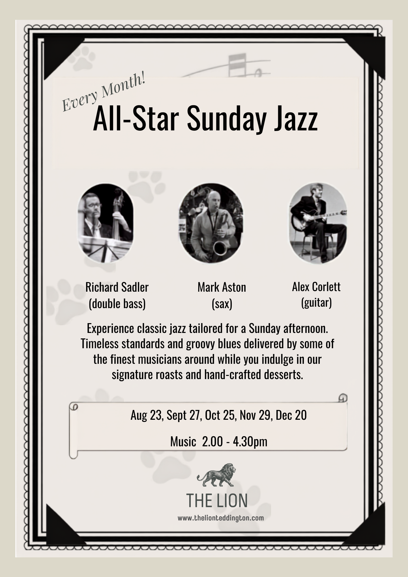 Invitation poster for a jazz event on the last Sunday of each month at The Lion, featuring a black and white design with jazz musicians, musical notes, and paw prints, scheduled for Sunday, March 29th from 3:00 to 5:00 pm.