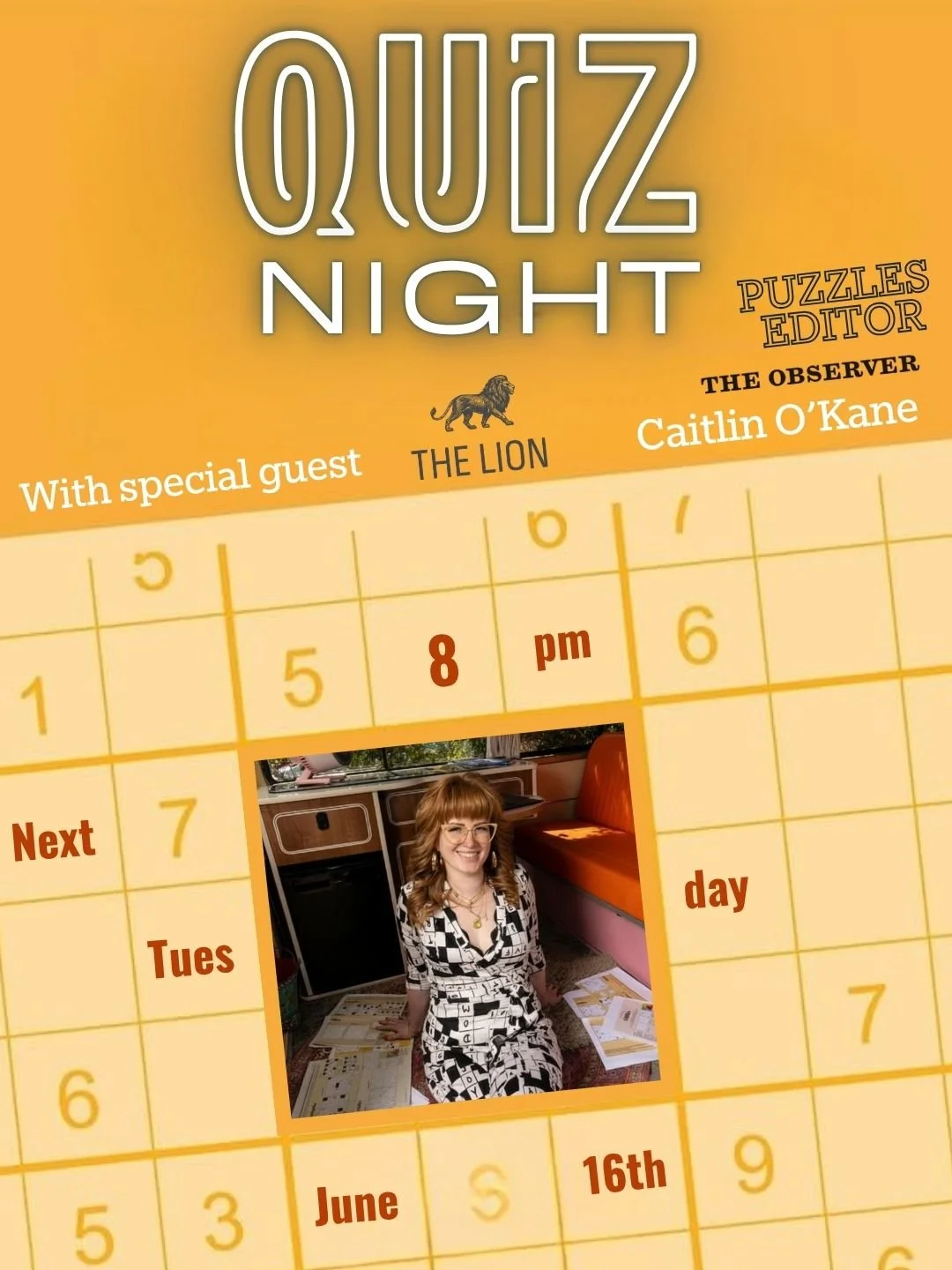 Poster advertising a quiz night at The Lion pub, featuring Zoe and Ellie, with details about date, time, price, booking, and performers.