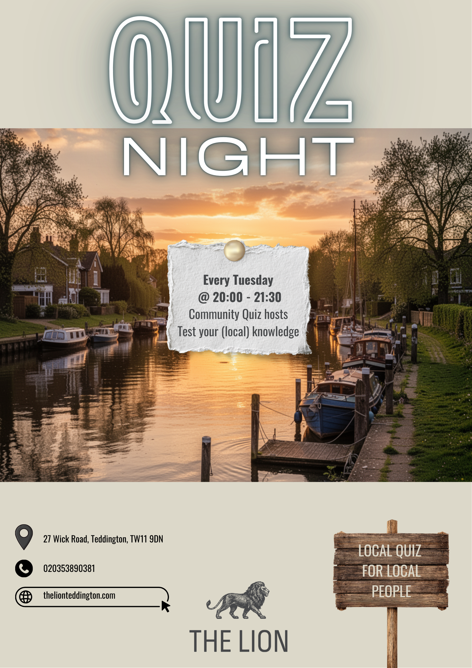 Poster advertising a quiz night at The Lion pub, featuring Zoe and Ellie, with details about date, time, price, booking, and performers.