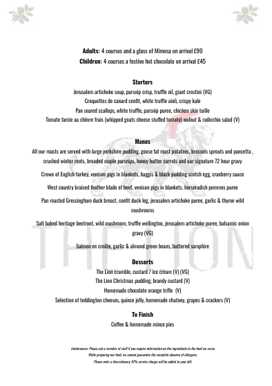Menu with prices, outlining starters like Jerusalem artichoke soup and croquettes, mains such as beef, salmon, and vegetarian options, desserts including Lion crumble and chocolates, and a section for finishing touches like coffee, with specified prices for adults and children.