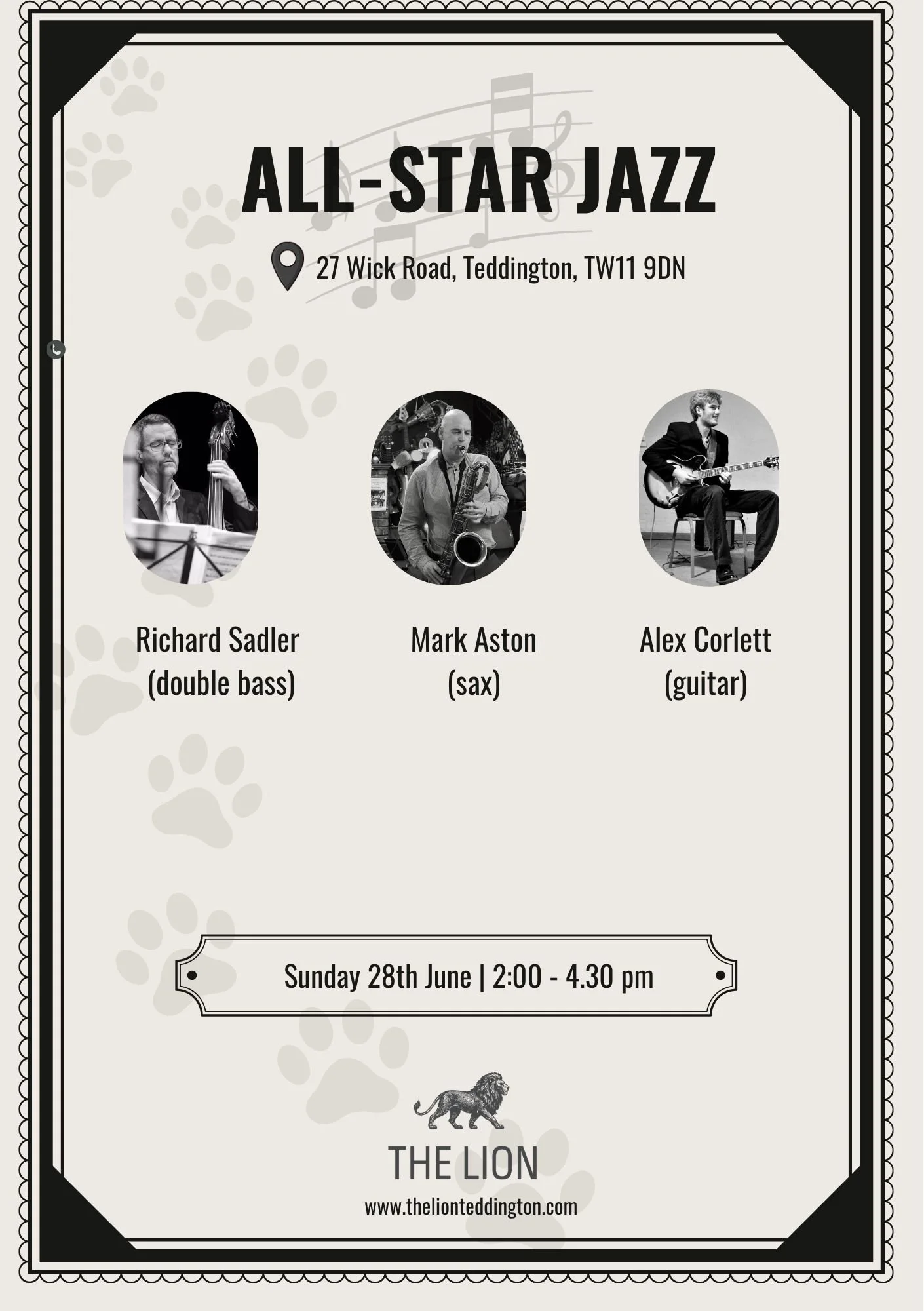 Invitation poster for a jazz event on the last Sunday of each month at The Lion, featuring a black and white design with jazz musicians, musical notes, and paw prints, scheduled for Sunday, March 29th from 3:00 to 5:00 pm.