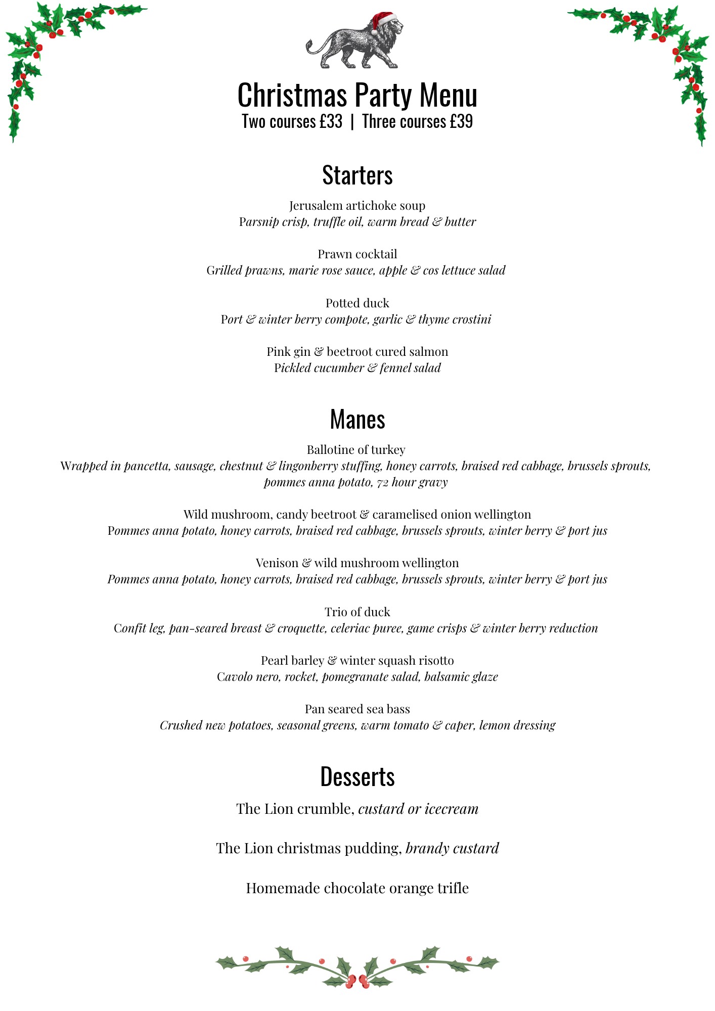 Christmas Party Menu The Lion Teddington