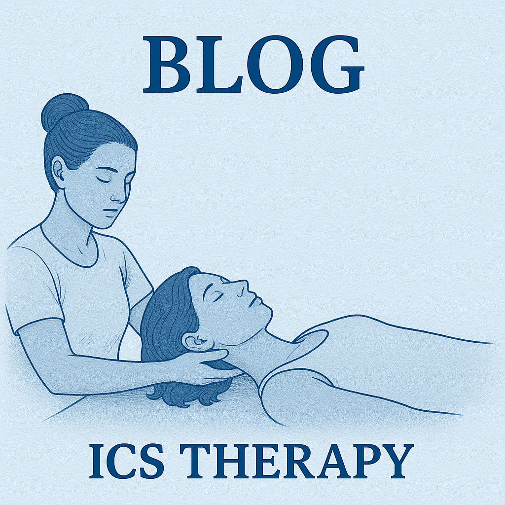 Illustration of a healthcare provider performing ICS therapy on a patient lying down with eyes closed, with the text 'BLOG ICS THERAPY' at the top and bottom of the image.