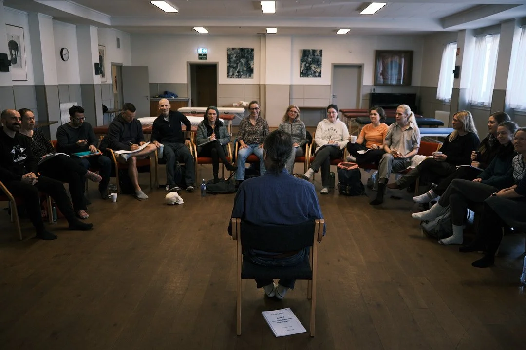 A group of people sitting in a circle in a room, listening to a person sitting with their back to the camera.