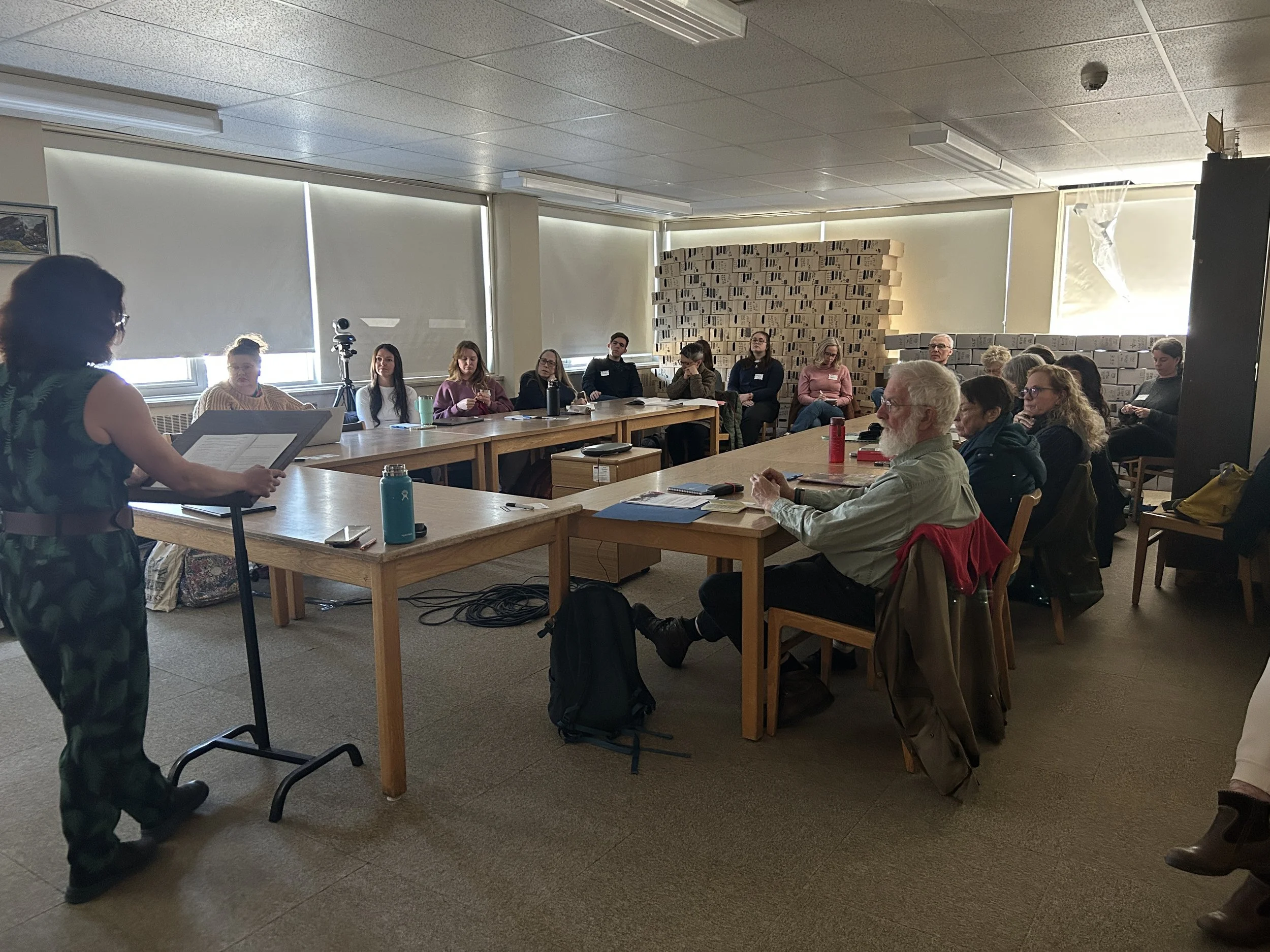 Dr. Julia Laite (Birkbeck University of London) giving her keynote address to workshop attendees on April 29th, at the MHA reading room.
