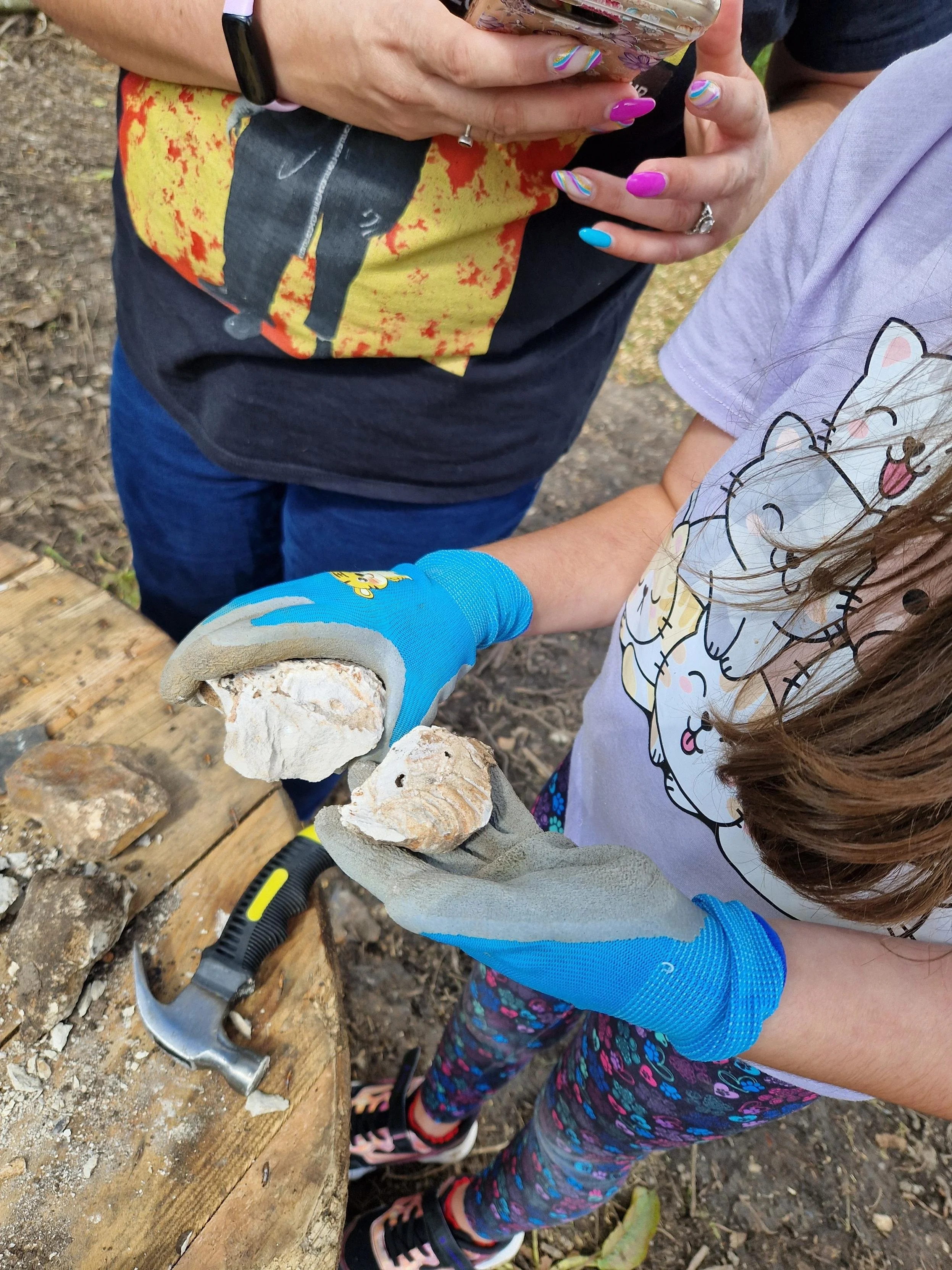 Child wearing blue gloves is breaking apart a piece of rock or mineral with a hammer while an adult looks on and holds a phone. They are working outdoors at a wooden table.