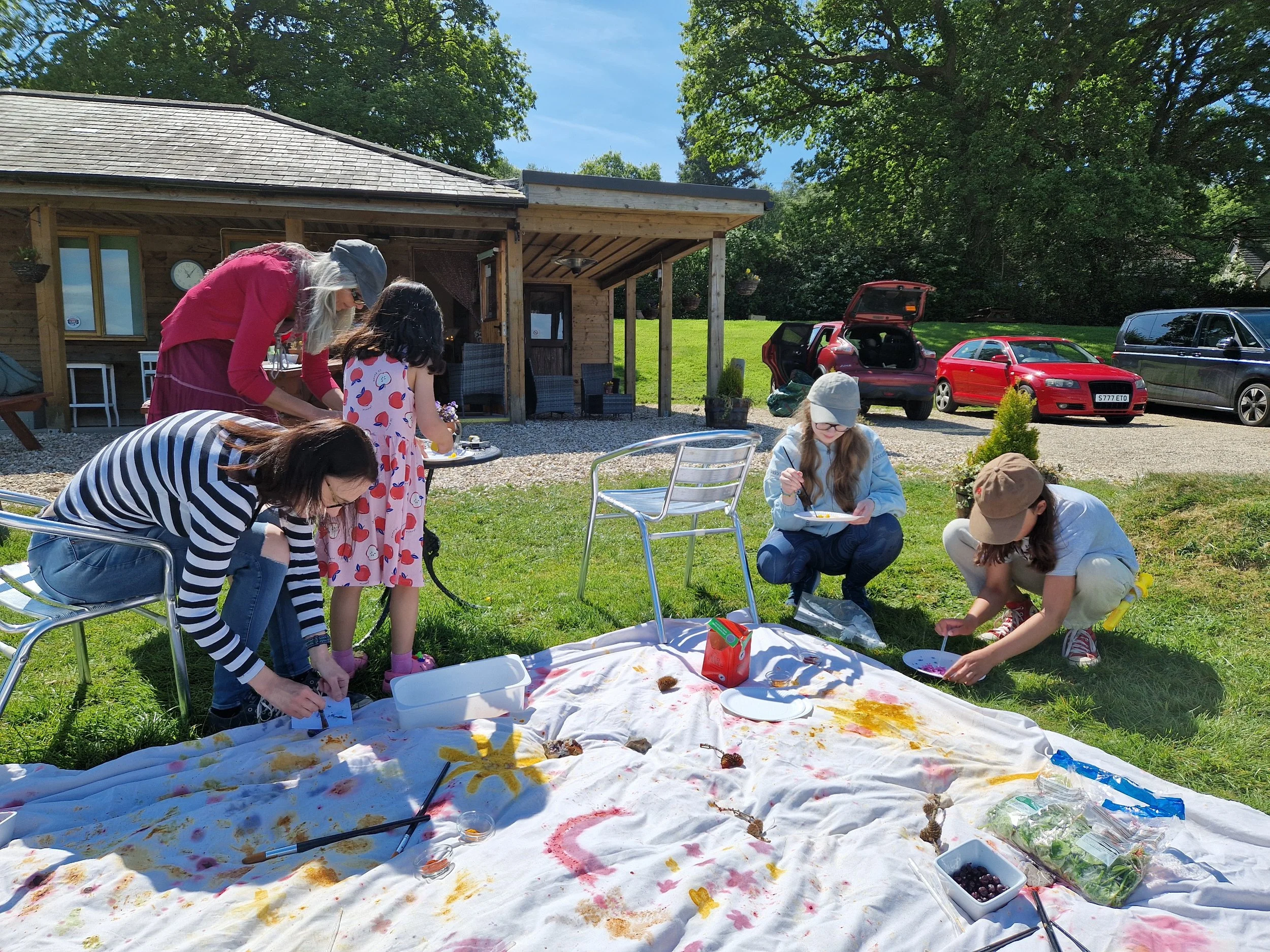 Group of children and adults engaging in outdoor painting activity on a large white tarp on the grass on a sunny day. Engaging in nature-based learning activities.