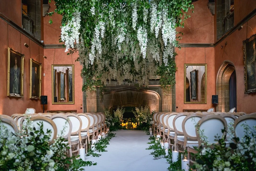 Back at @cowdrayhouse this morning with @caperandberry and @firebird.events, getting ready for a fabulous evening ahead. Tonight we&rsquo;ll be recreating this hanging installation above the dining tables, but with a fresh spring twist for the dinner