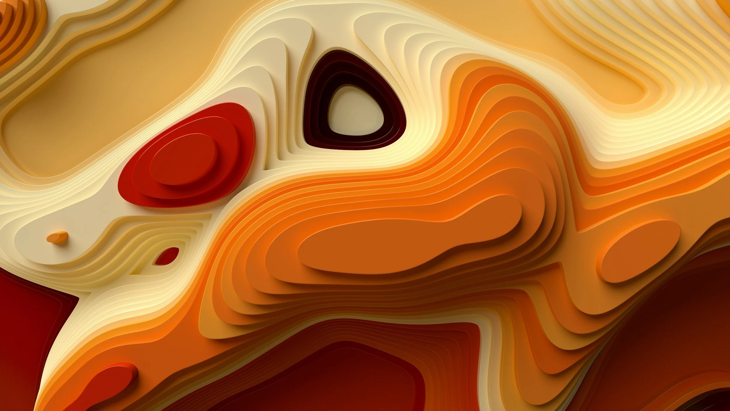 Abstract layered paper art in warm tones of red, orange, yellow, beige, and brown, creating smooth curves and contours.