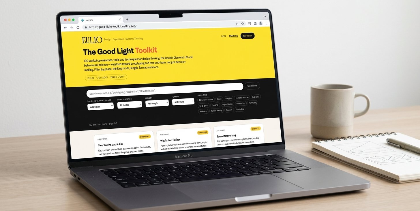A MacBook Pro laptop displaying a webpage titled 'The Good Light Toolkit' with a yellow and black color scheme, on a wooden desk. Beside the laptop are a beige mug, a notebook, and a pen.