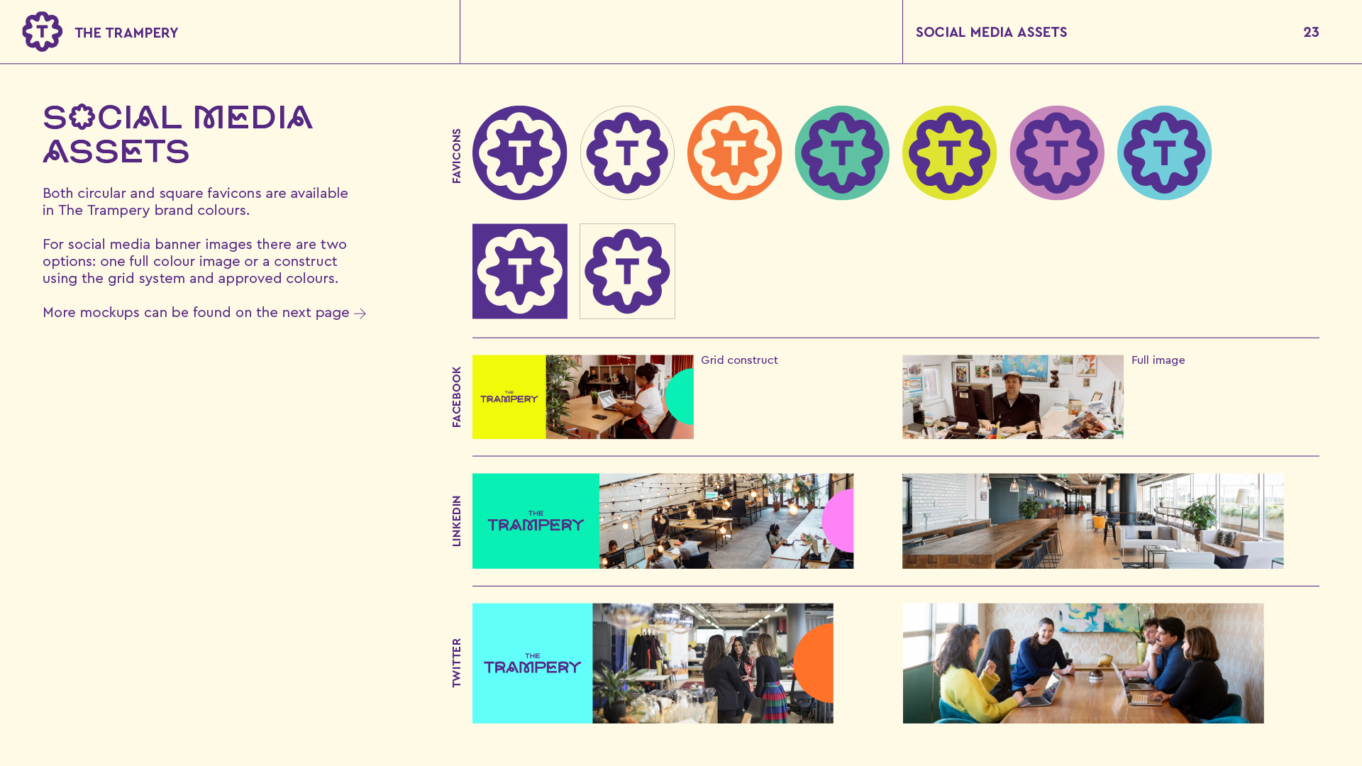 A webpage showing social media assets for The Trampery, including favicon options and mockups for Facebook, LinkedIn, and Twitter banners with interior office photos and team meetings.